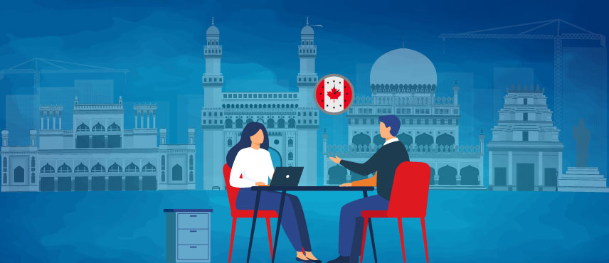 illustration of couple searching for best Canada PR Consultant in Hyderabad.