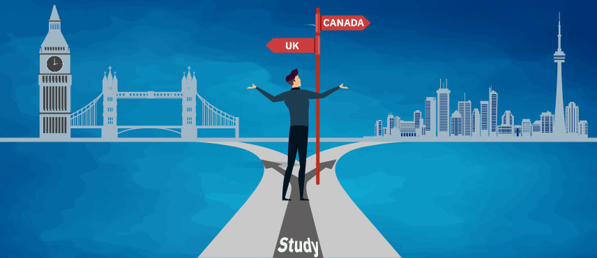 illustration of a student confused about choosing between Canada and UK for high Studies from India