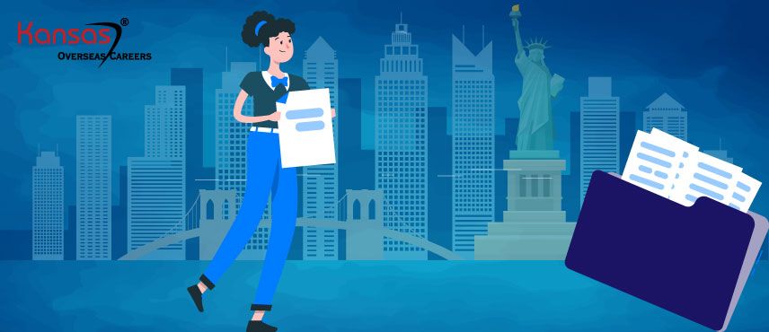 illustration of a woman collecting her documents for USA Visitor Visa.